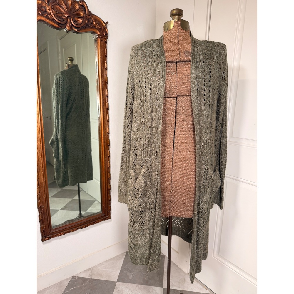 Knox Rose Women Olive Green Pointelle Knit Long Duster Cardigan Sweater Large